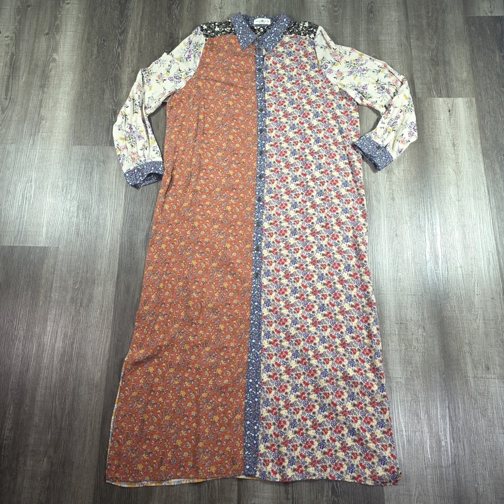Natural Life Esme Shirt Dress Floral Print Maxi Patchwork Mixed Media Boho Sz XL